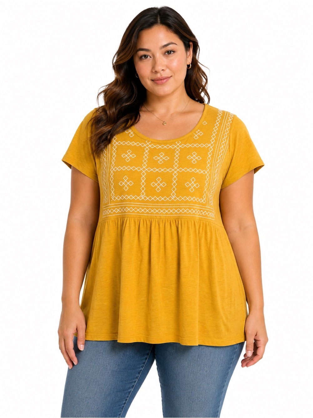NWT Ella Moss Mustard Embroidered Babydoll Tunic Top Size Large